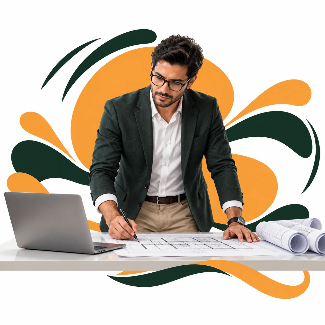 Montagem com profissional, notebook e projetos para representar a responsabilidade civil profissional