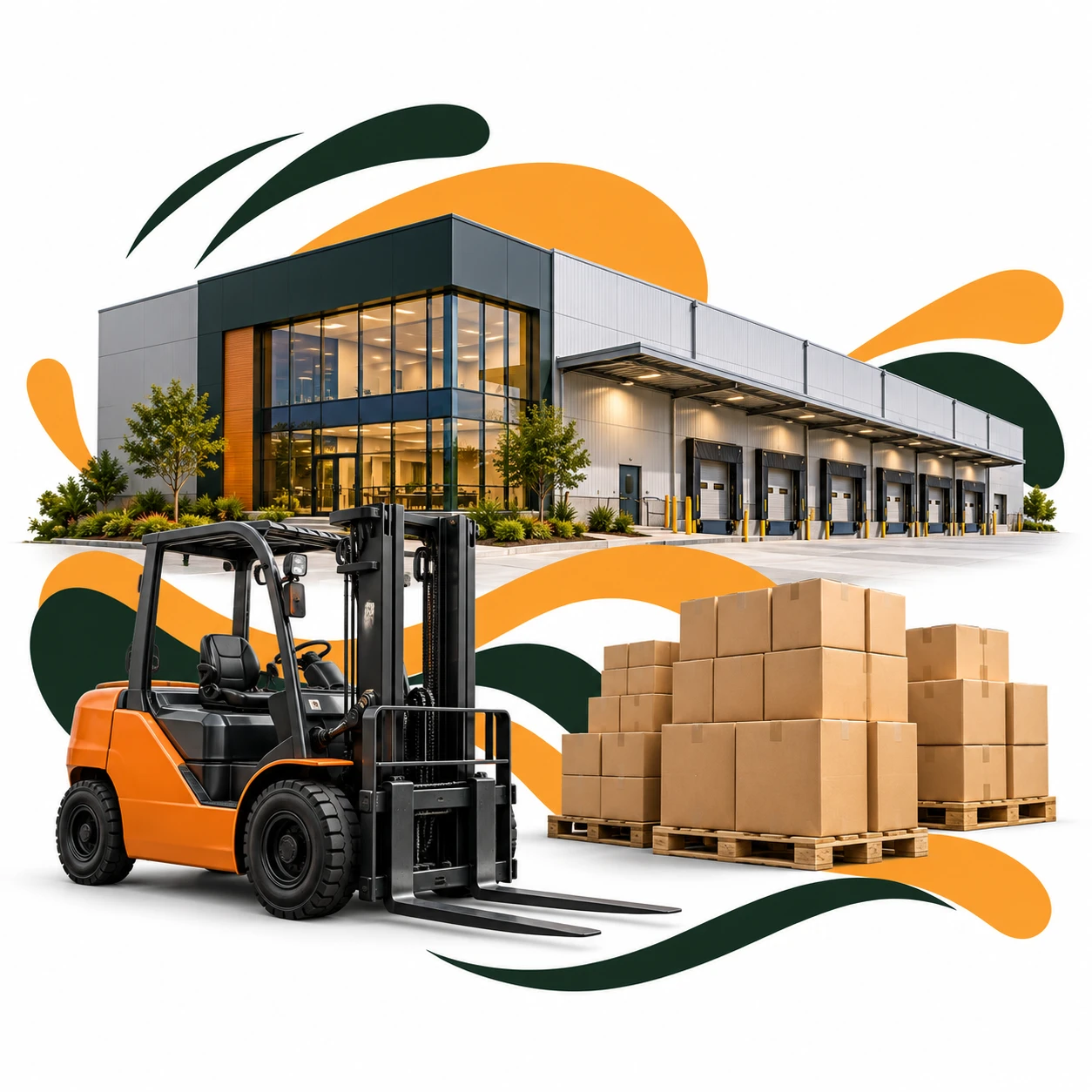 Montagem com empresa, maquina e estoque para representar o seguro de riscos empresariais