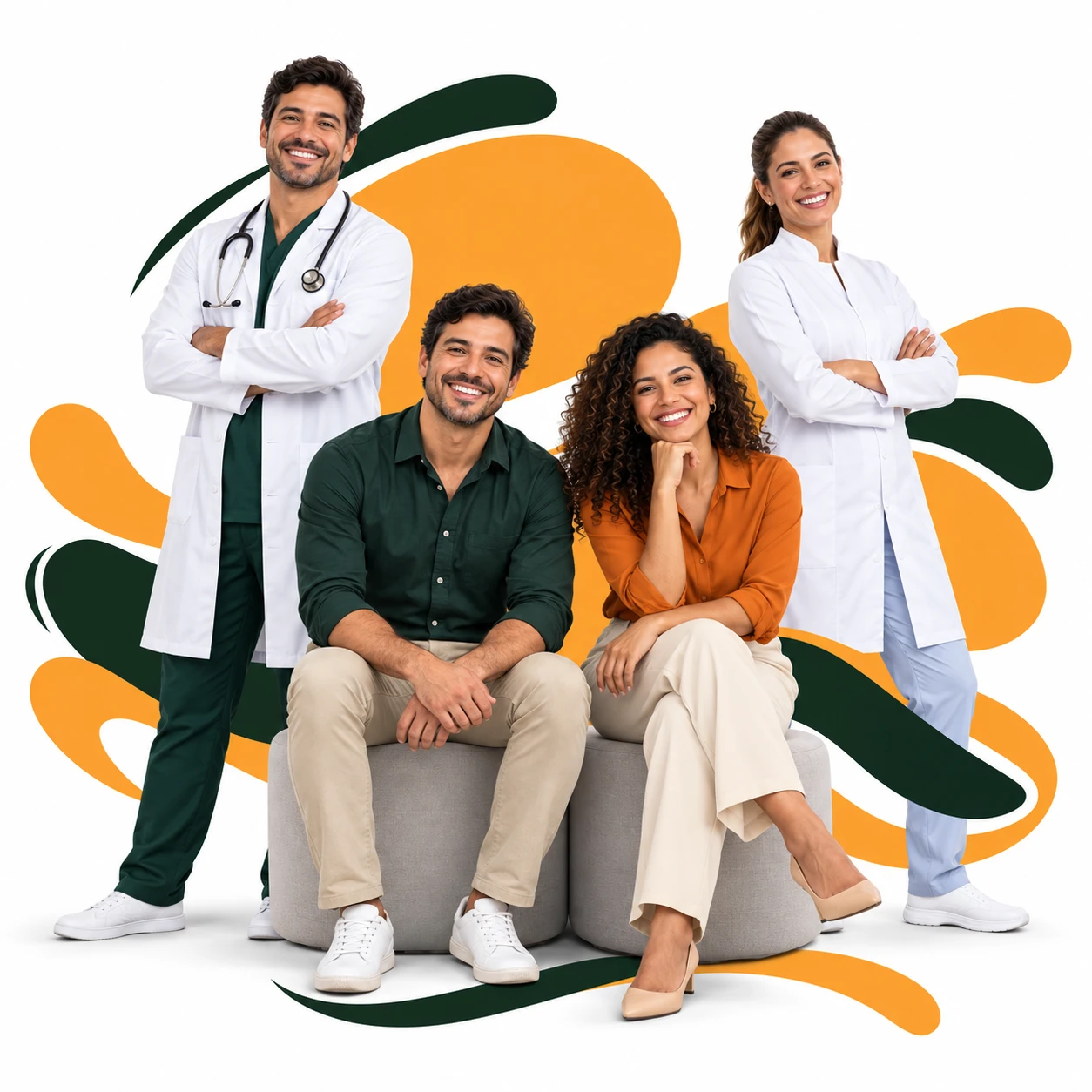 Montagem com profissionais de saude e colaboradores para representar planos de saude e odontologicos