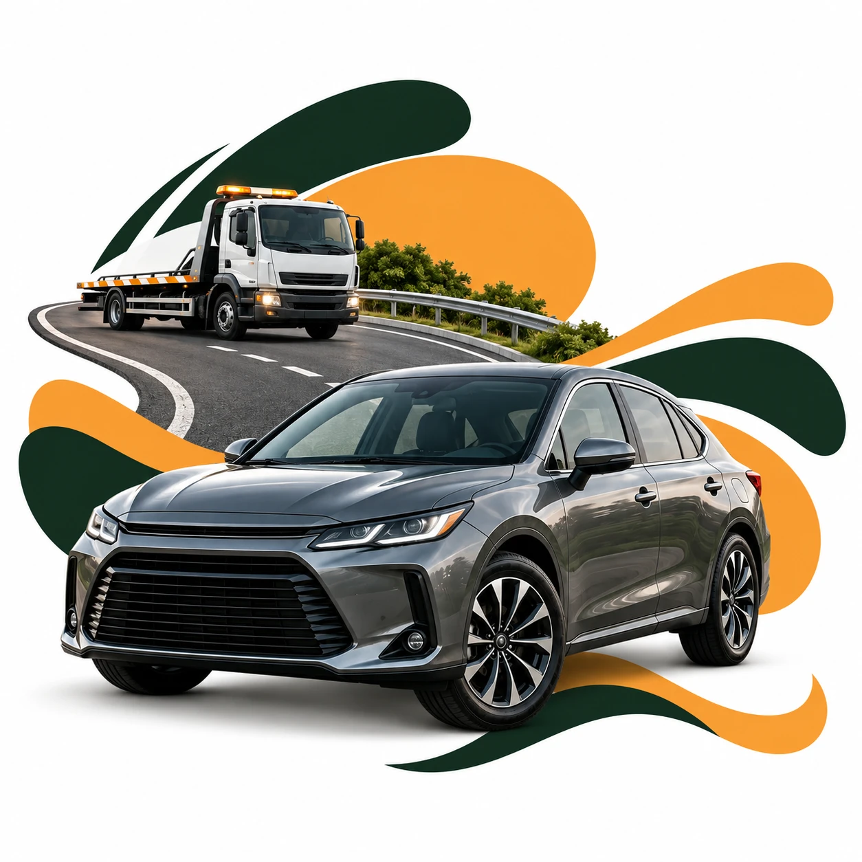 Montagem com automovel, estrada e veiculo de assistencia para representar o seguro automovel