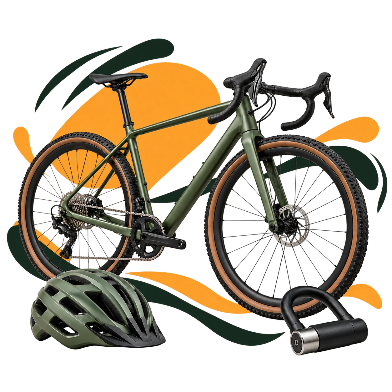 Montagem com bicicleta, capacete e cadeado para representar o Seguro Bike