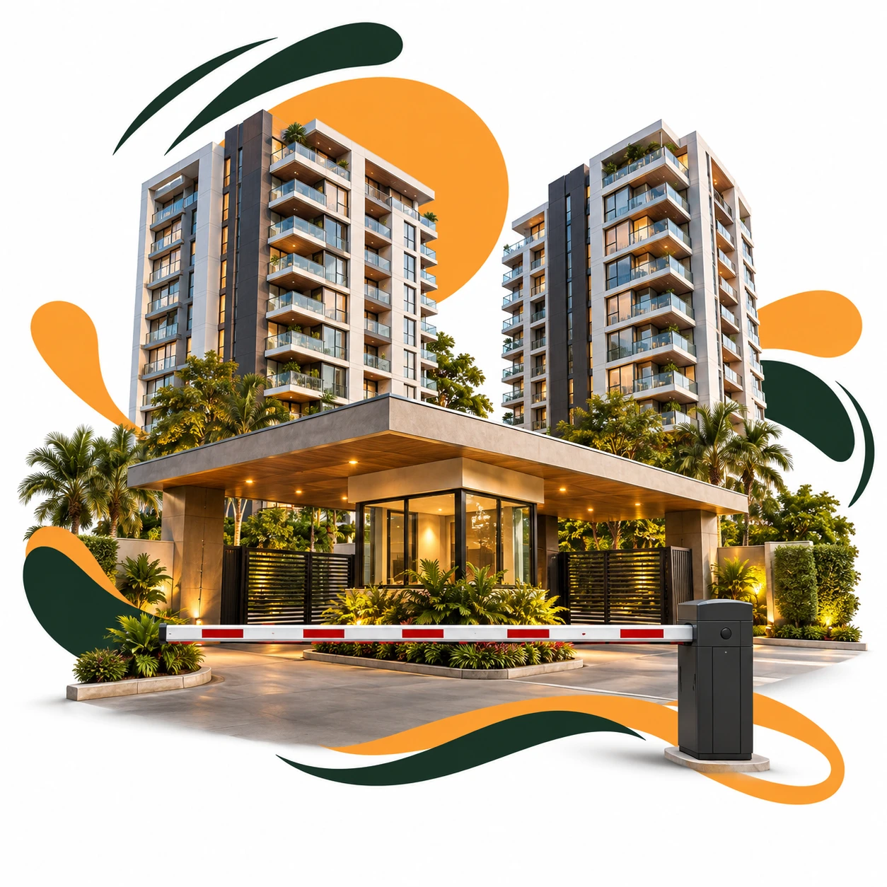 Montagem com torres residenciais, portaria e cancela para representar o seguro condominio