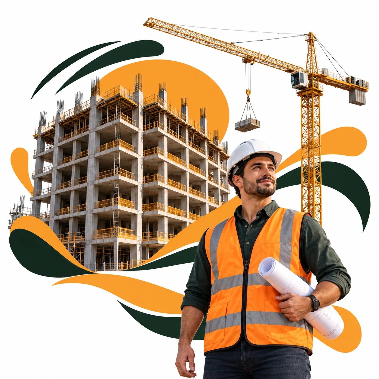 Montagem com engenheiro, obra e guindaste para representar o seguro de engenharia