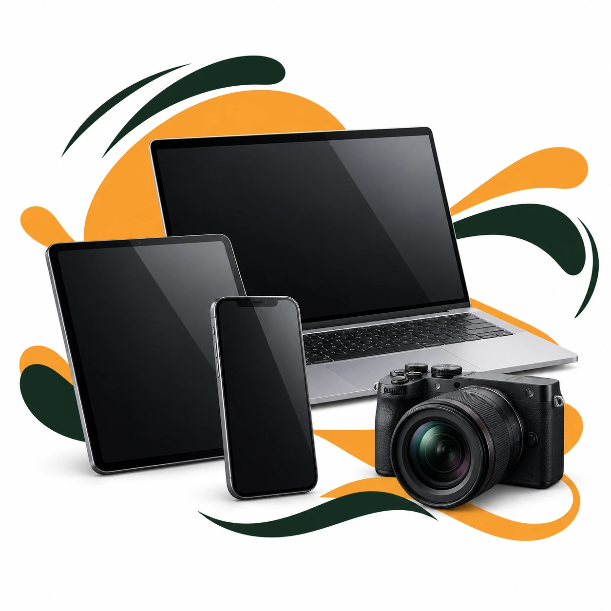 Montagem com celular, notebook, tablet e camera para representar o seguro de equipamentos portateis