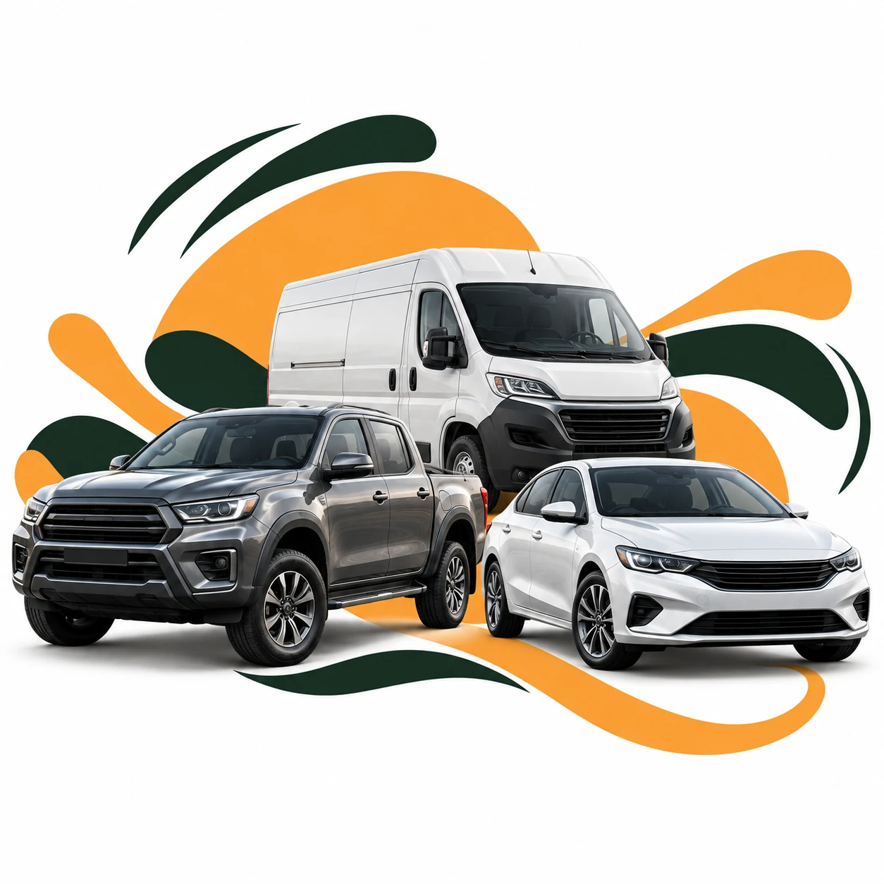 Montagem com van, caminhonete e automovel para representar o seguro de frotas