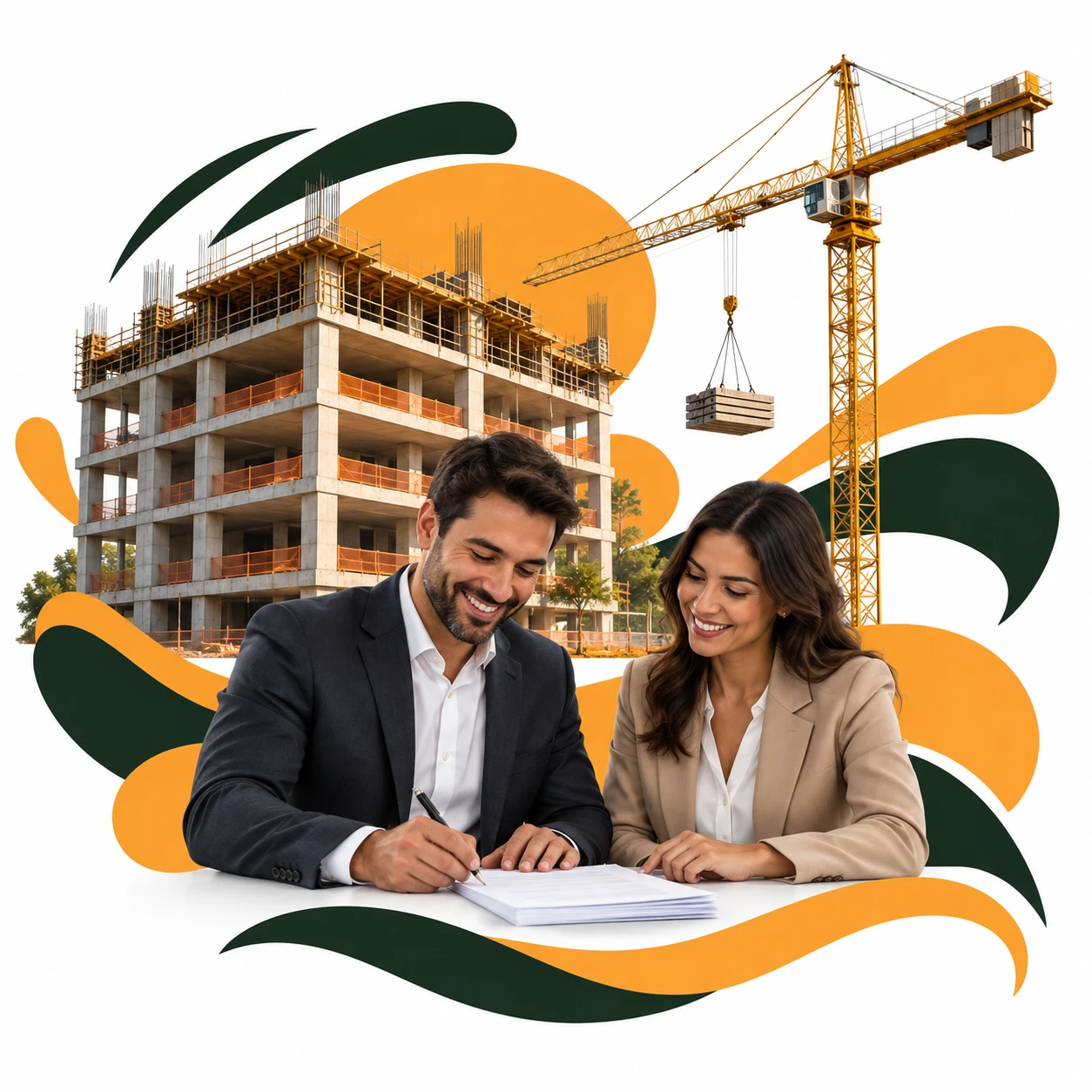 Montagem com contrato, profissionais e obra para representar o seguro garantia