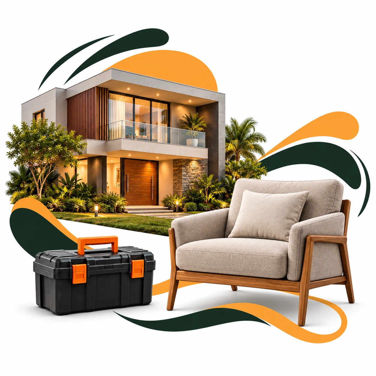 Montagem com casa, poltrona e ferramentas para representar o seguro residencial