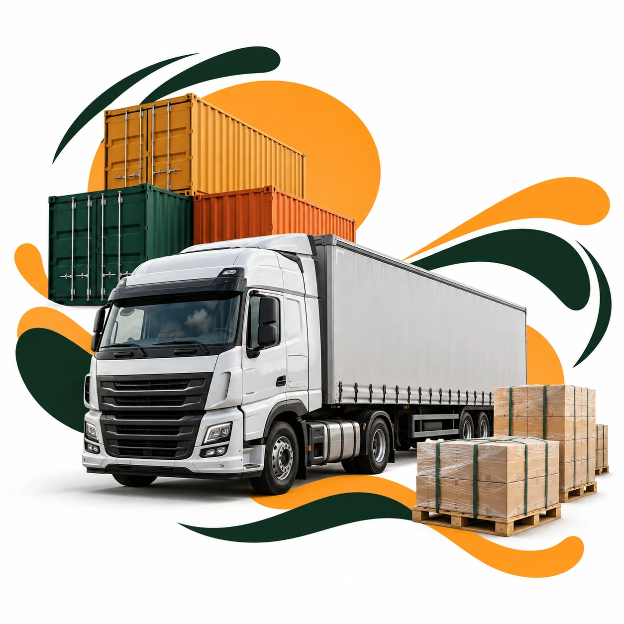 Montagem com caminhao, pallets e conteineres para representar o seguro de transporte de cargas