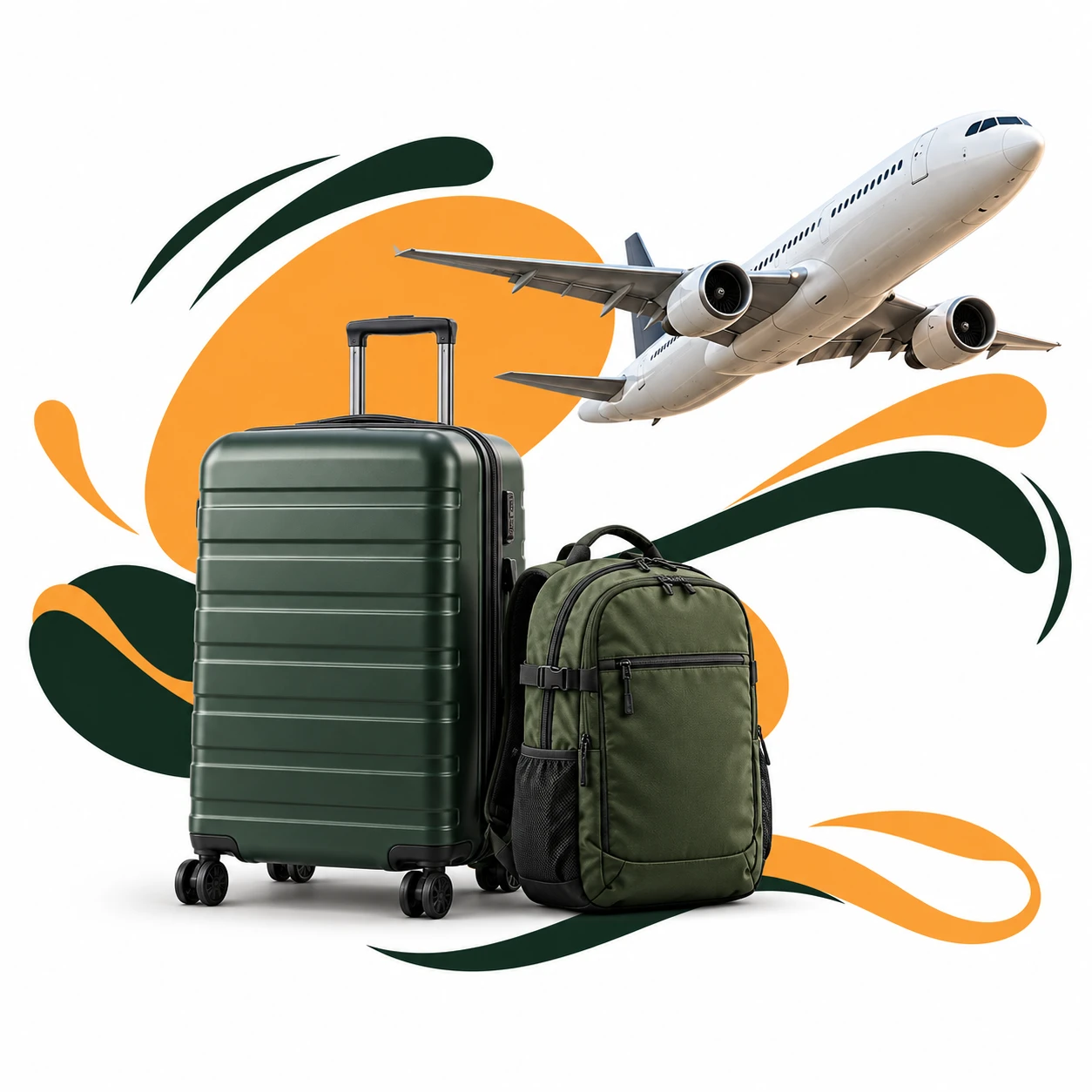 Montagem com aviao, mala e mochila para representar o seguro viagem