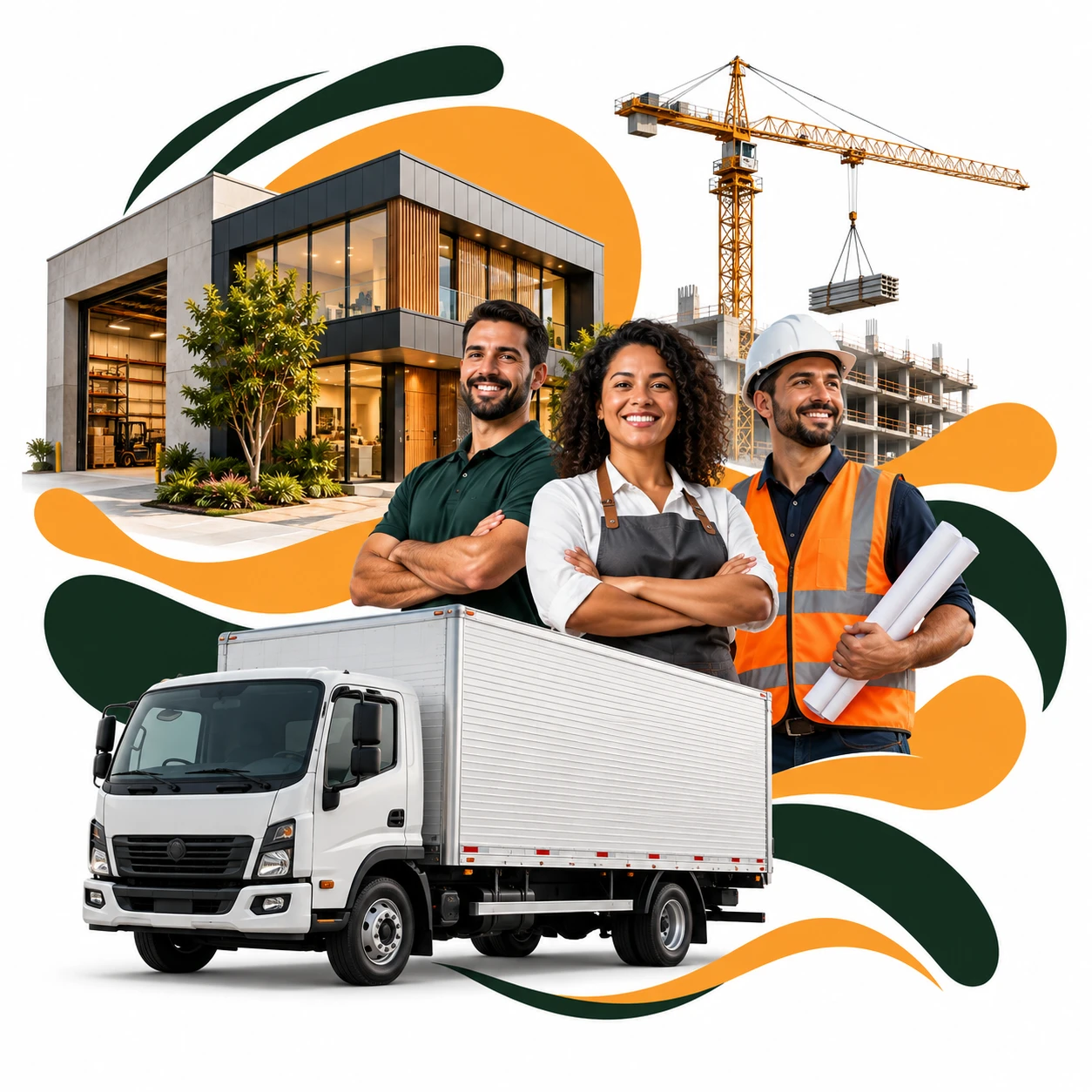 Montagem com empresa, profissionais, caminhao e guindaste para representar os seguros empresariais