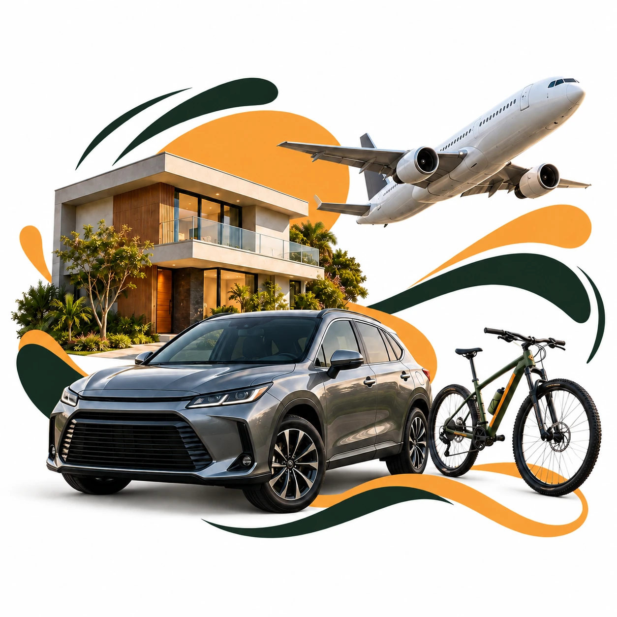 Montagem com casa, carro, avião e bicicleta para representar seguros pessoais